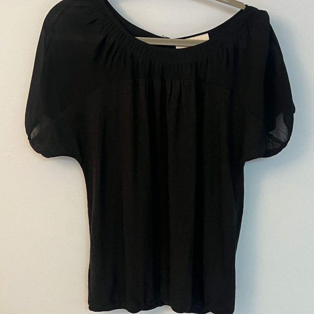 LOFT Black Puff Sleeve Smocked Blouse